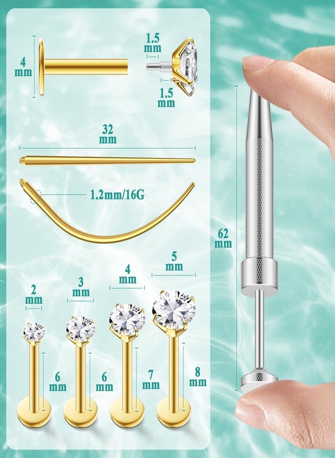 طقم أقراط مرصعة مسطحة الظهر مقاس 16G للنساء والرجال - مجوهرات ثقب الأنف من الفولاذ الجراحي المضاد للحساسية بخيط داخلي - مزودة بأداة التقاط كرة الثقب (ذهبية) - Image 4